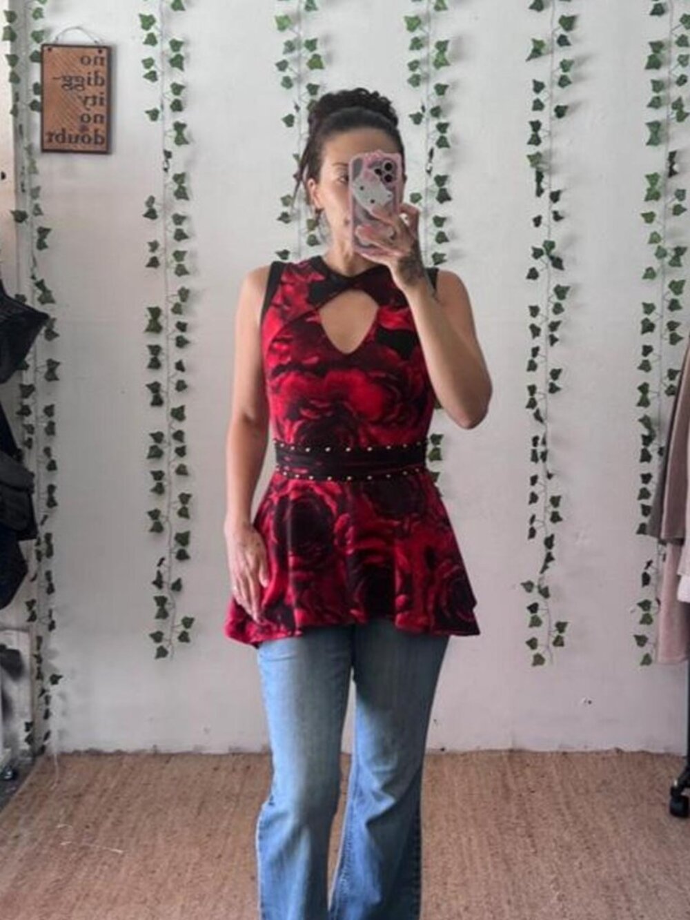 Bisou Bisou red/black floral print peplum top with gold studs size S